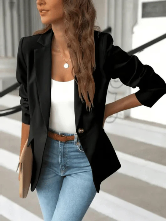 Blazer femme coupe droite manches longues et poches - Noir