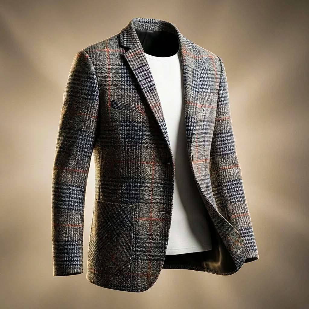 Blazer Homme Pied-de-Poule Laine Col Cranté - Gris