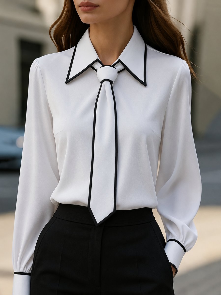 Blouse col cravate femme manches longues col chemisier