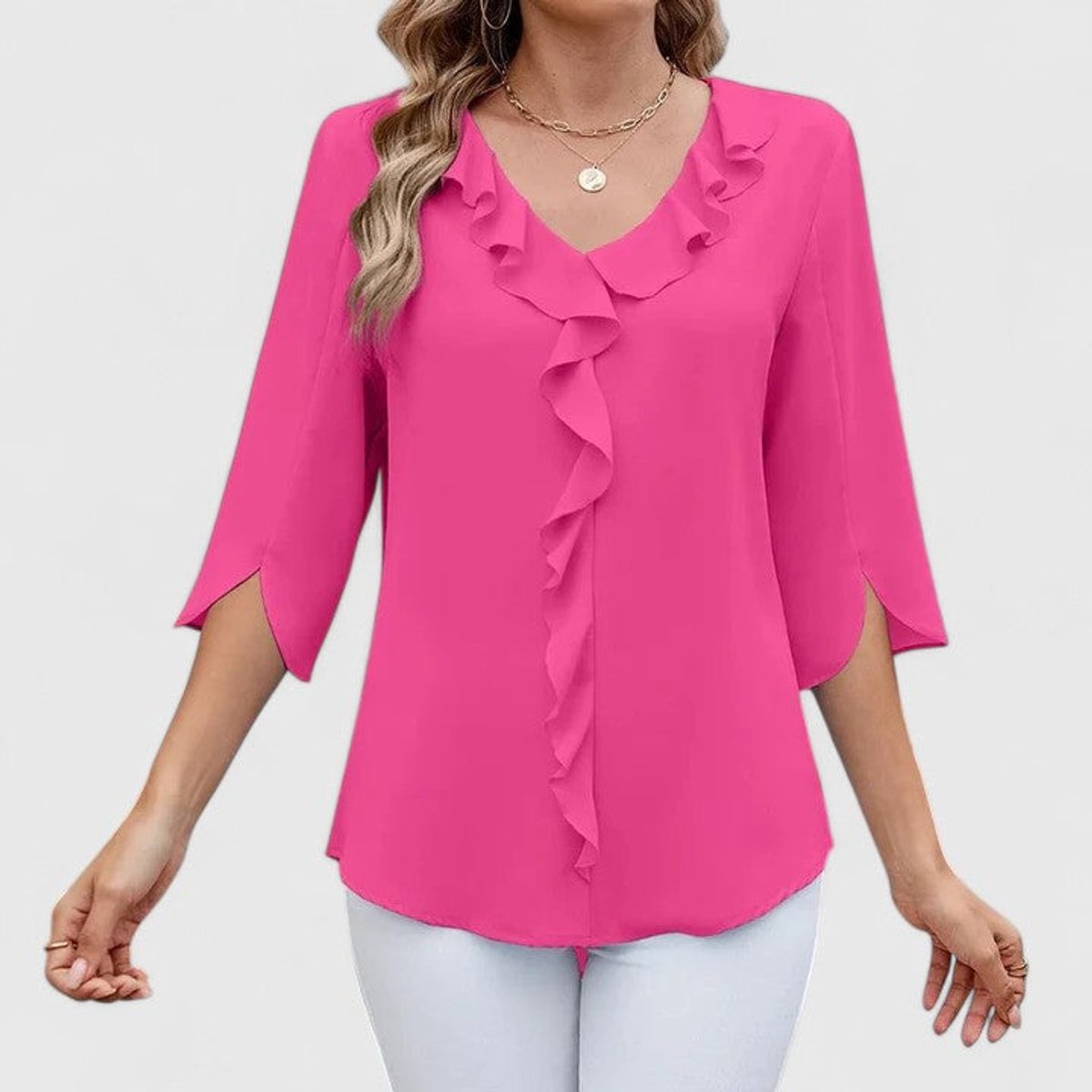Blouse Col V à Volants Manches 3/4 Femme