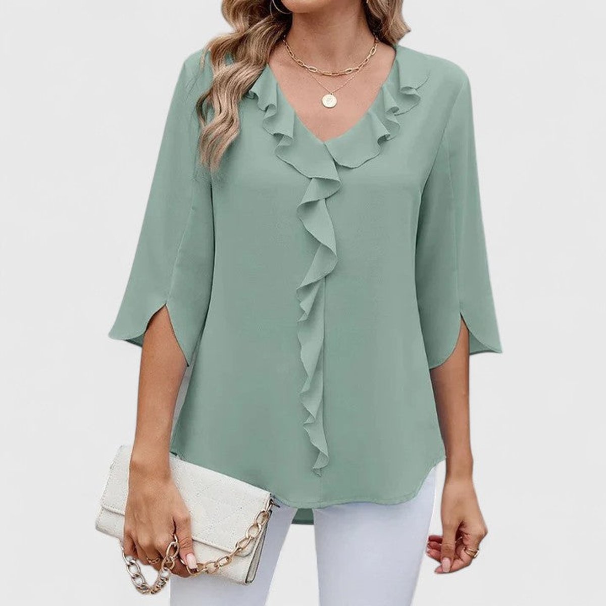 Blouse Col V à Volants Manches 3/4 Femme