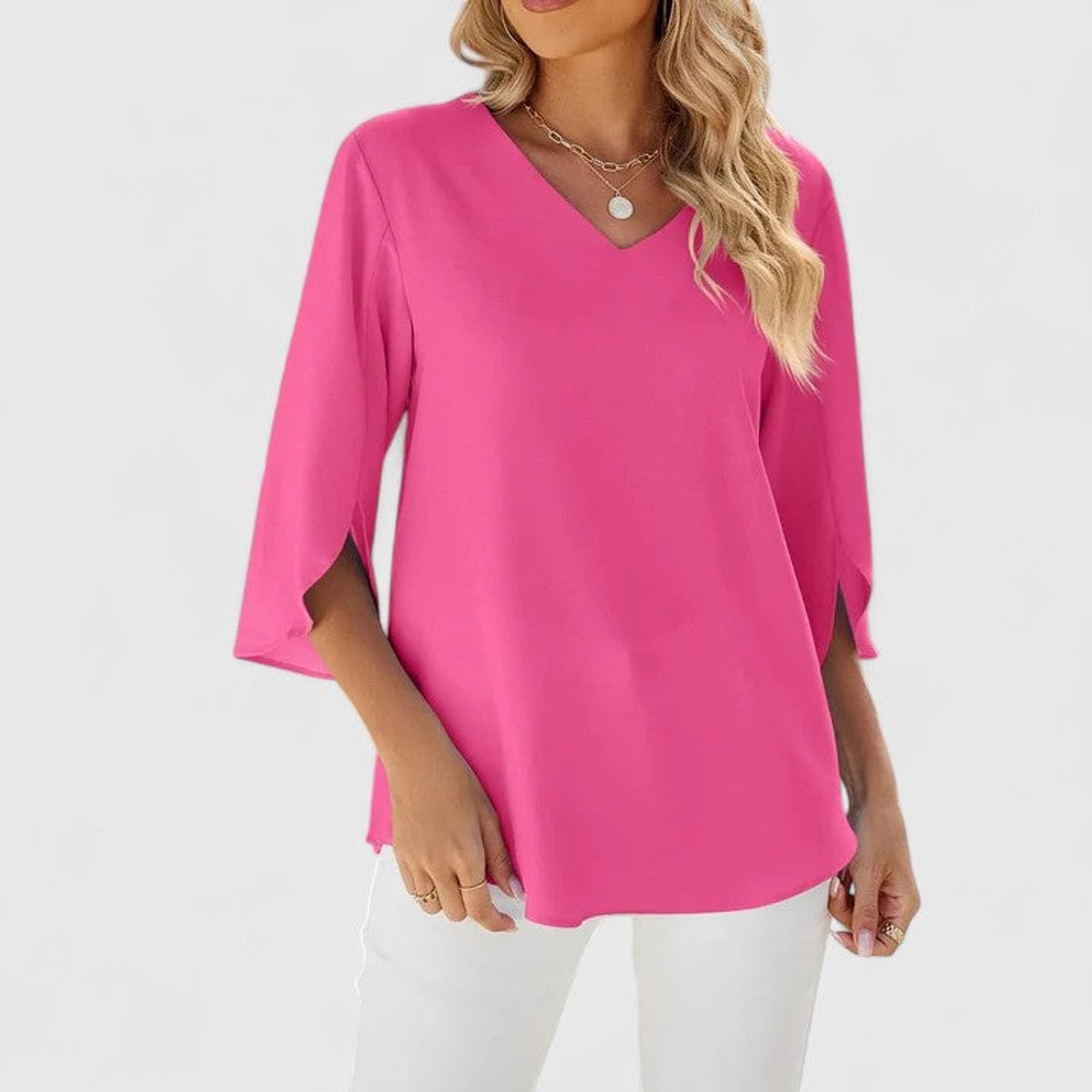 Blouse Col V à Volants Manches 3/4 Femme