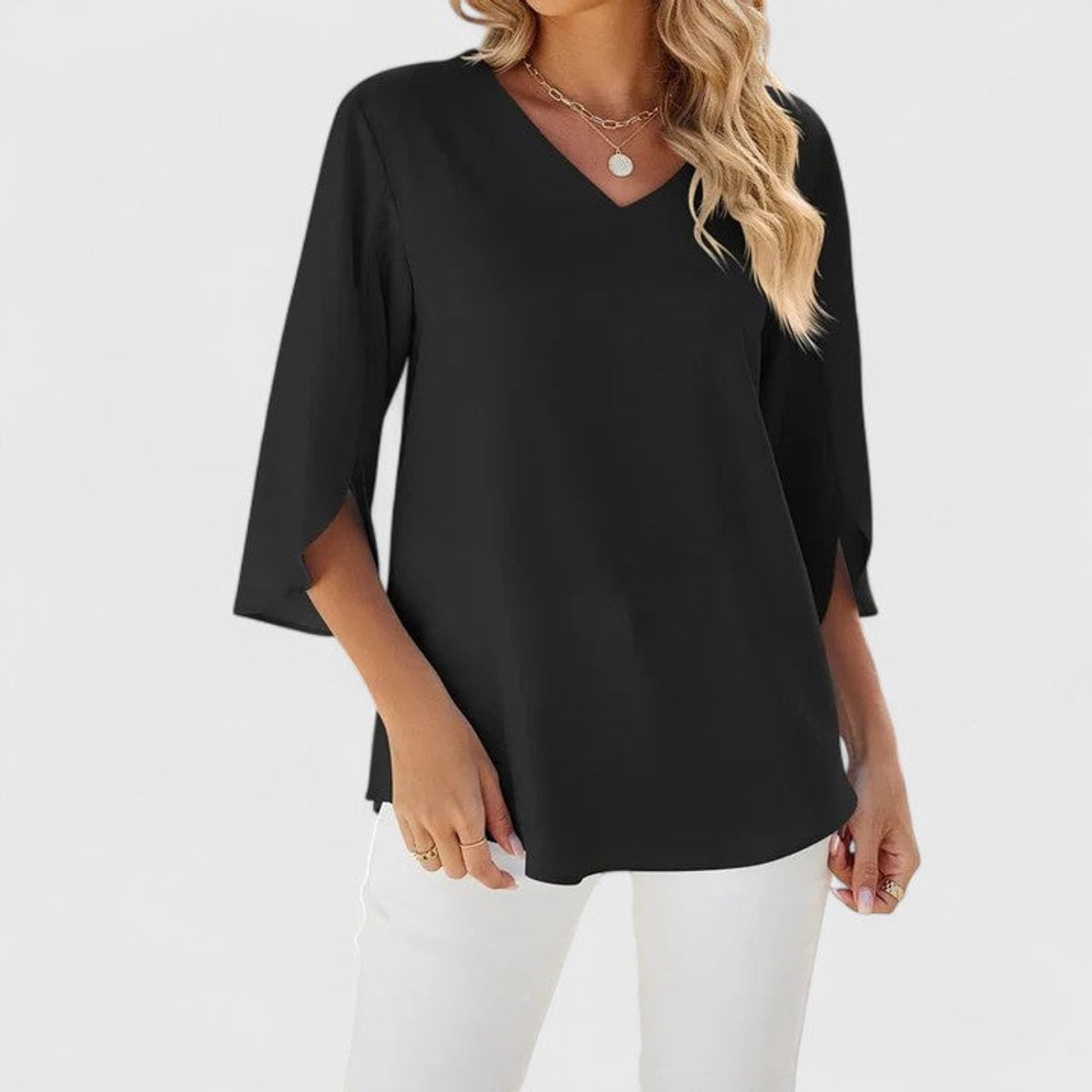 Blouse Col V à Volants Manches 3/4 Femme