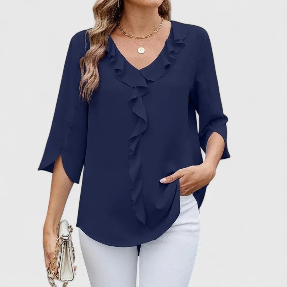 Blouse Col V à Volants Manches 3/4 Femme