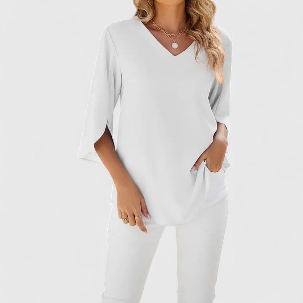 Blouse Col V à Volants Manches 3/4 Femme