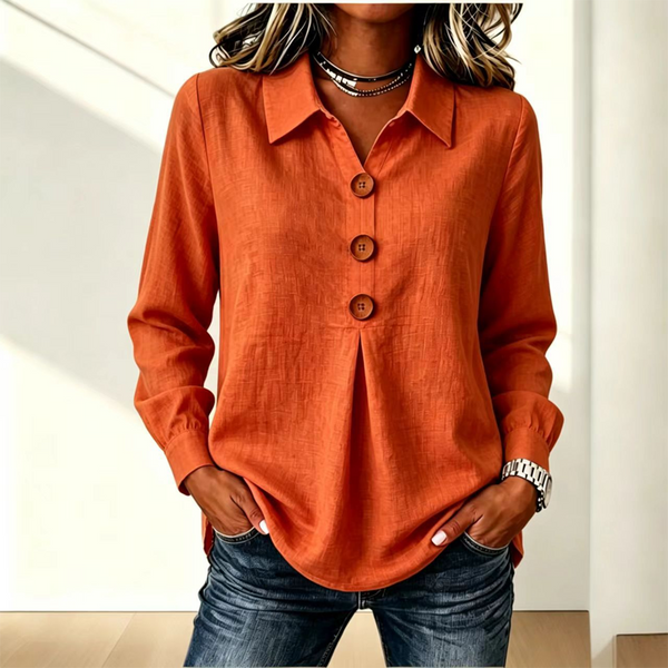 Blouse femme col classique boutons décoratifs manches longues - Orange