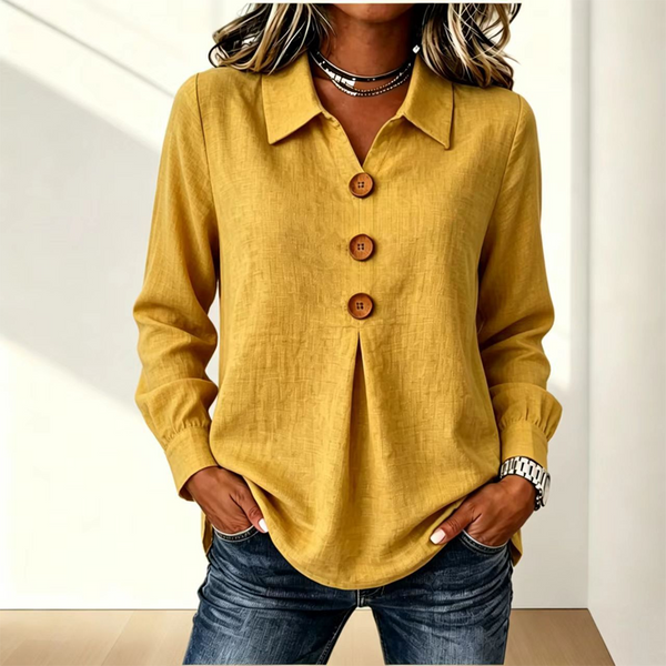 Blouse femme col classique boutons décoratifs manches longues - Jaune