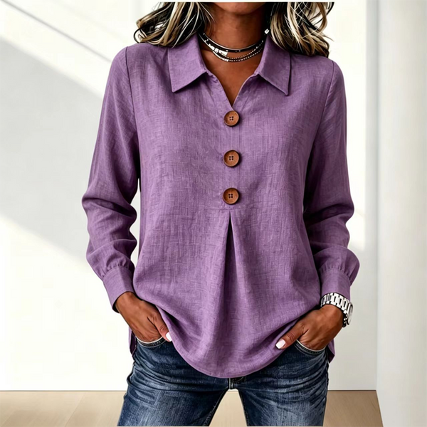 Blouse femme col classique boutons décoratifs manches longues - Violet
