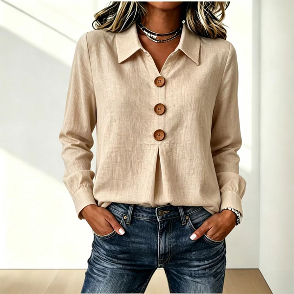 Blouse femme col classique boutons décoratifs manches longues - Abricot