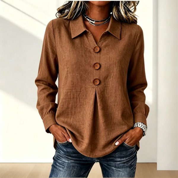 Blouse femme col classique boutons décoratifs manches longues - Marron