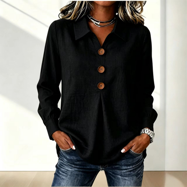 Blouse femme col classique boutons décoratifs manches longues - Noir