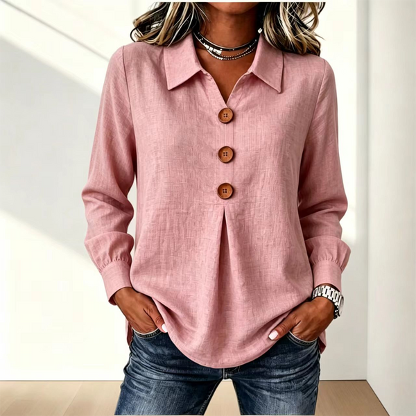 Blouse femme col classique boutons décoratifs manches longues - Rose