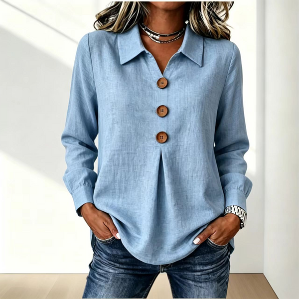 Blouse femme col classique boutons décoratifs manches longues - Bleu Clair