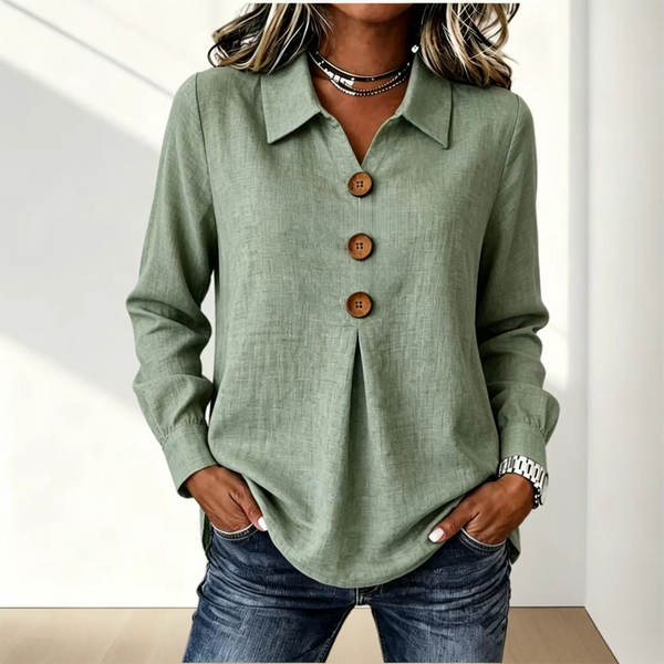 Blouse femme col classique boutons décoratifs manches longues - Vert