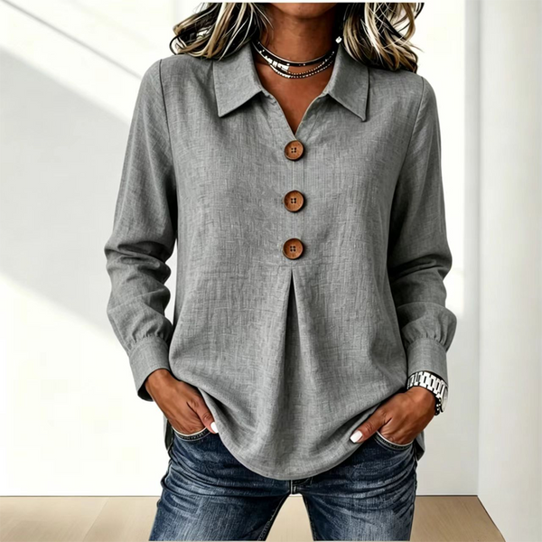 Blouse femme col classique boutons décoratifs manches longues - Gris