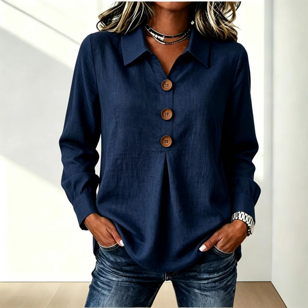 Blouse femme col classique boutons décoratifs manches longues - Bleu Marine