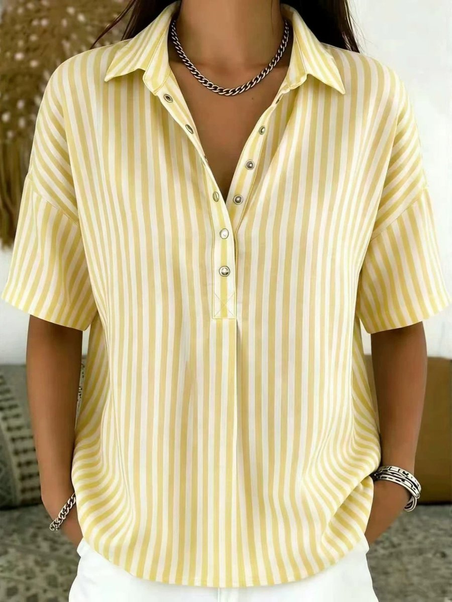Blouse rayée col chemise manches courtes femme coupe décontractée