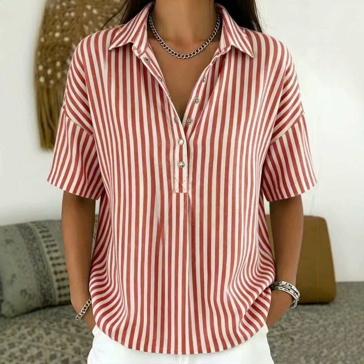 Blouse rayée col chemise manches courtes femme coupe décontractée
