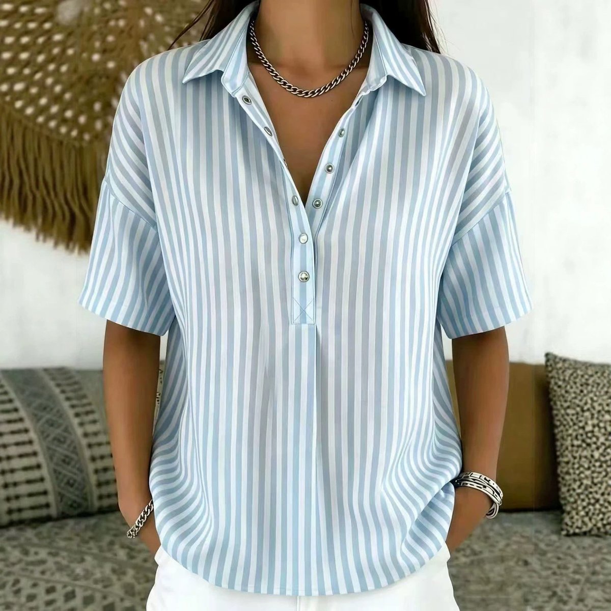 Blouse rayée col chemise manches courtes femme coupe décontractée