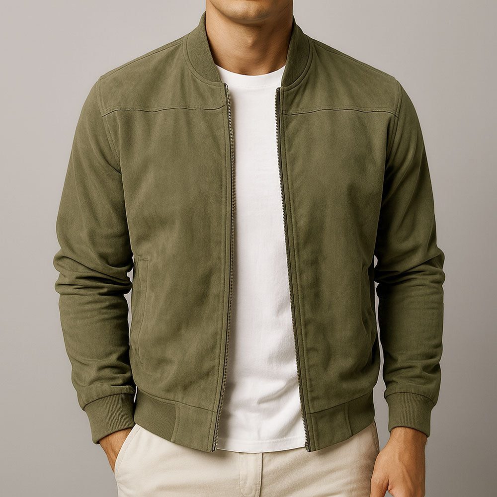 Blouson Bomber Homme en Suédine Zippé - Vert Militaire