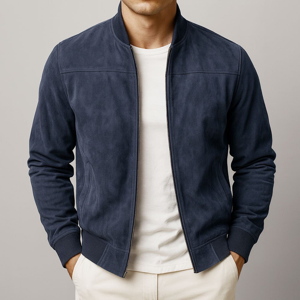 Blouson Bomber Homme en Suédine Zippé - Bleu Marine