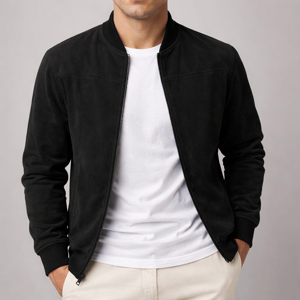 Blouson Bomber Homme en Suédine Zippé - Noir