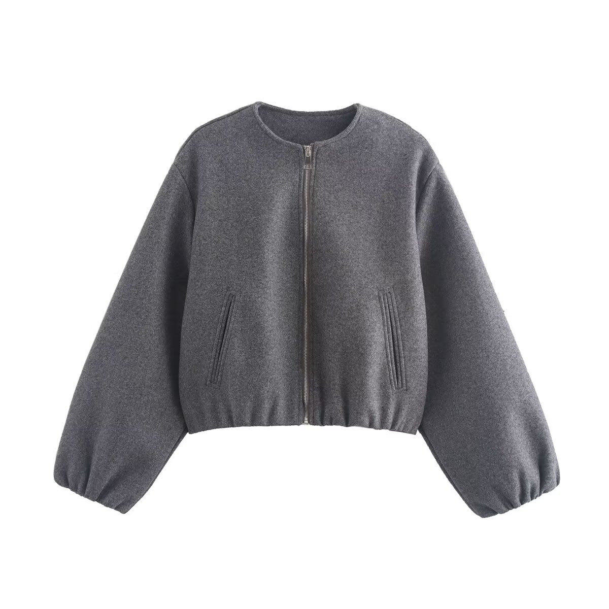 Bomber Femme Court Sans Col Zippé - Gris Foncé
