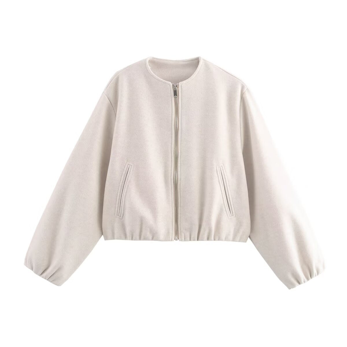 Bomber Femme Court Sans Col Zippé - Beige