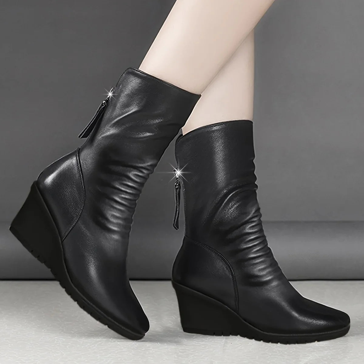 Bottes compensées femme mi-hautes zip cuir - Noir