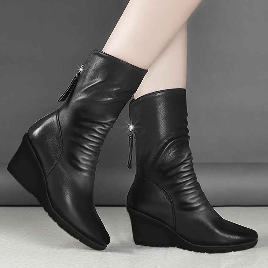 Bottes Compensées Femme Mi-Hautes Zip Cuir Bout Pointu