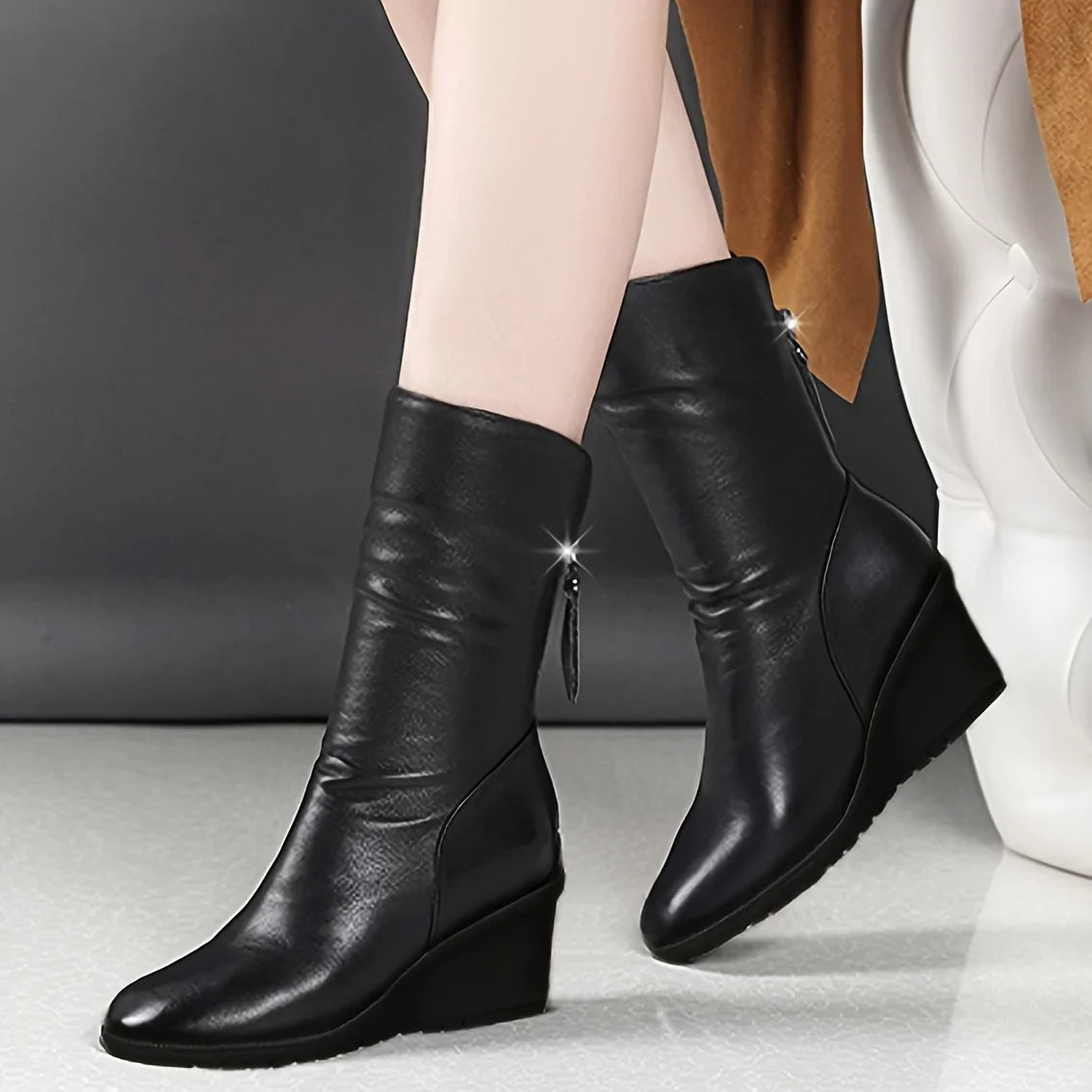 Bottes compensées femme mi-hautes zip cuir
