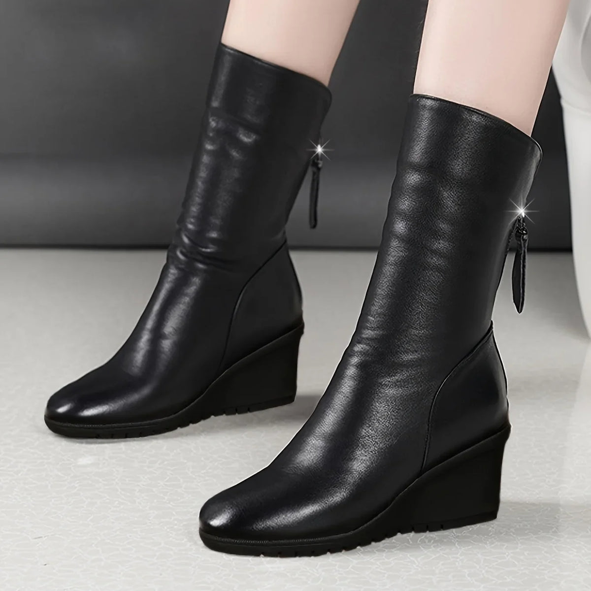 Bottes compensées femme mi-hautes zip cuir