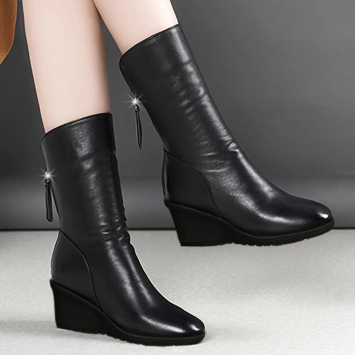 Bottes compensées femme mi-hautes zip cuir