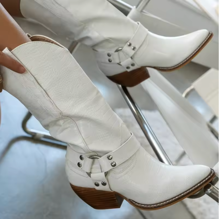 Bottes Cowboy Femme Imprimé Vache Bout Pointu - Blanc
