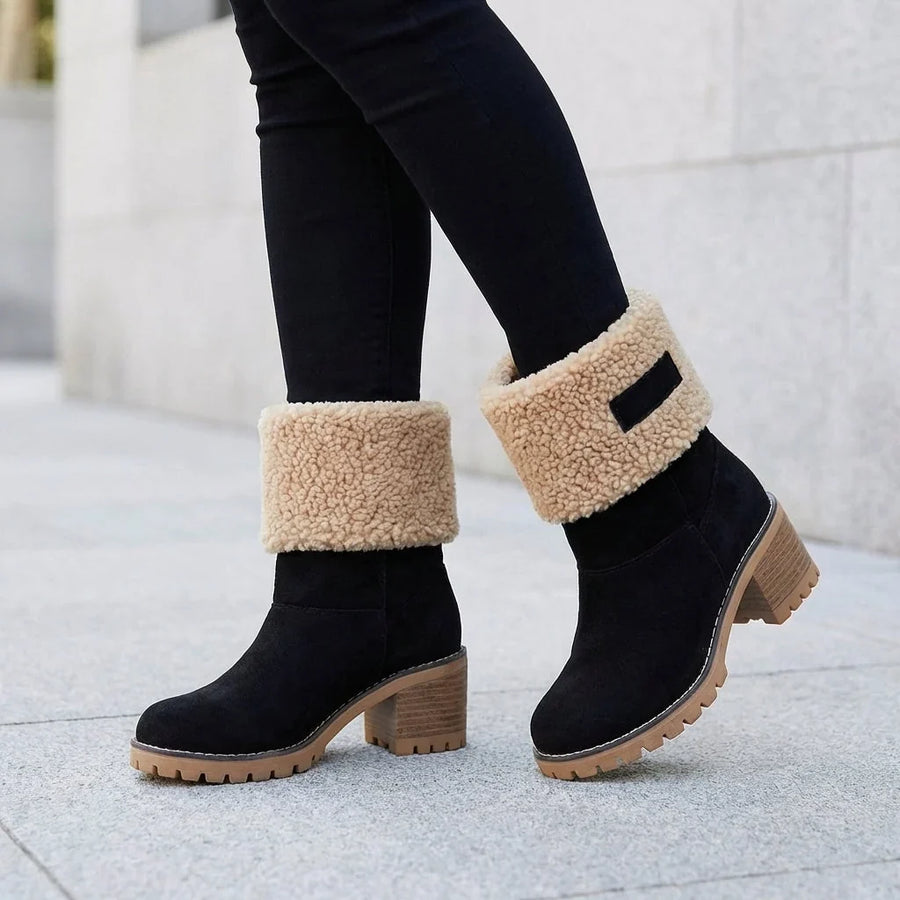Bottes Daim Femme Fourrées Revers Sherpa Talon Bloc
