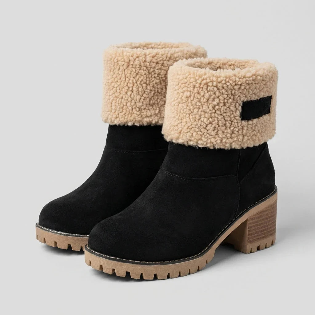 Bottes Daim Femme Fourrées Revers Sherpa - Noir