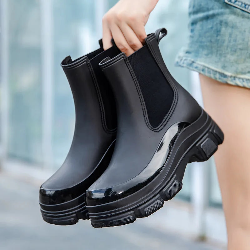 Bottes de pluie femme mi-mollet plateforme imperméables - Noir