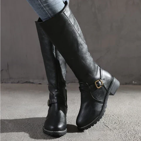 Bottes hautes en cuir femme à boucle et talon bloc