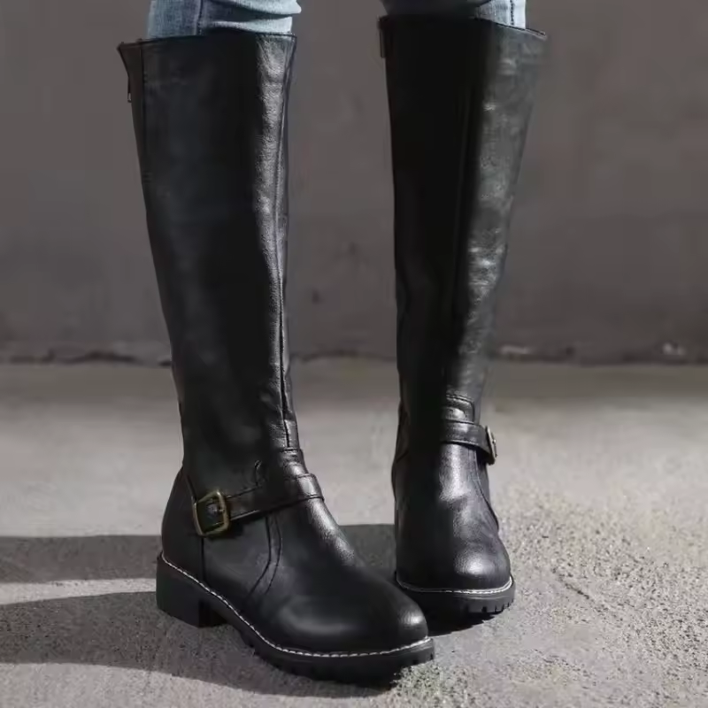 Bottes hautes en cuir femme à boucle et talon bloc - Noir