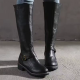 Bottes hautes en cuir femme à boucle et talon bloc - Noir