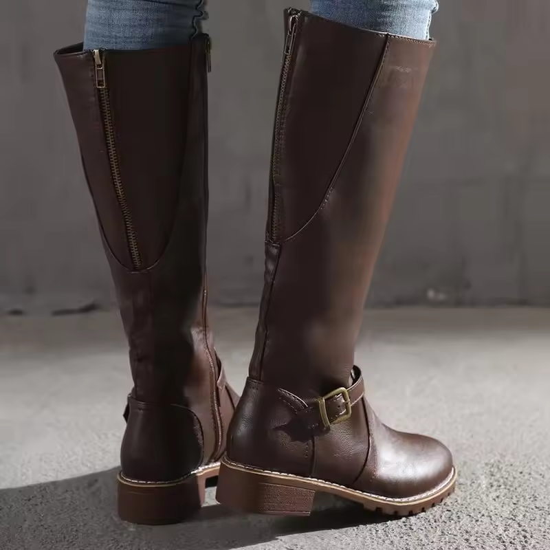 Bottes hautes en cuir femme à boucle et talon bloc