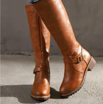 Bottes hautes en cuir femme à boucle et talon bloc