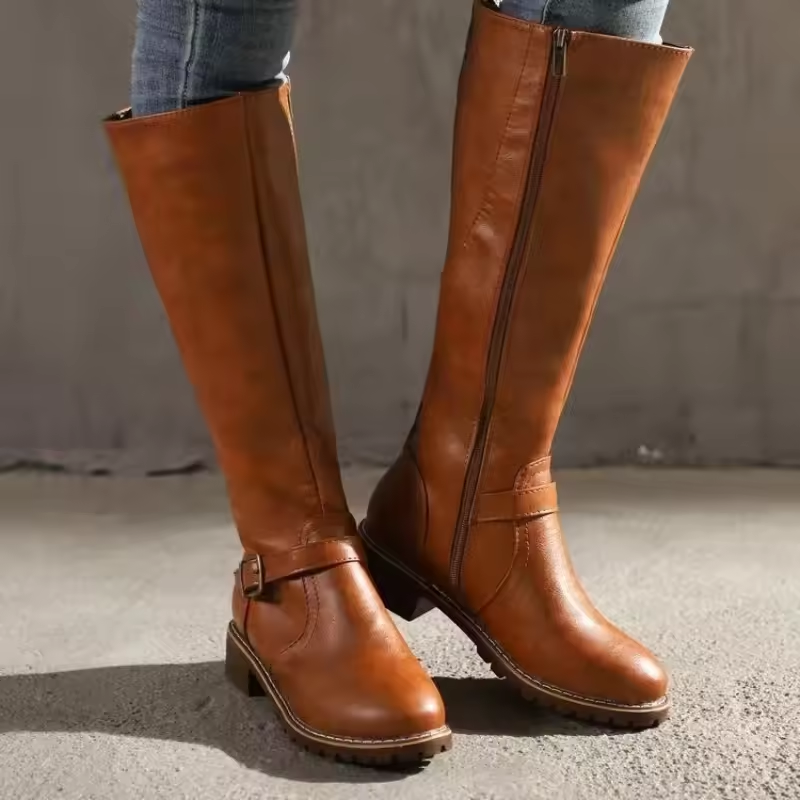 Bottes hautes en cuir femme à boucle et talon bloc - Marron Clair