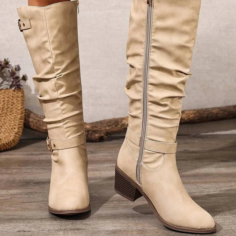 Bottes hautes en cuir femme talon bloc double boucle