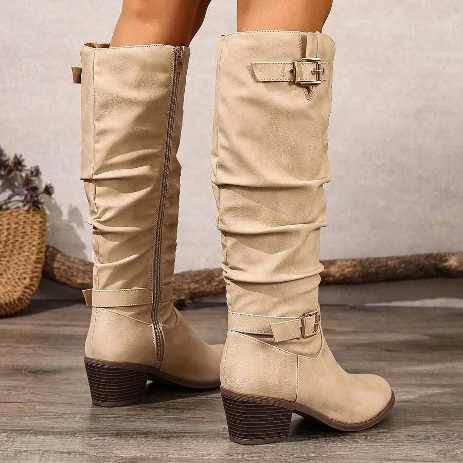 Bottes hautes en cuir femme talon bloc double boucle