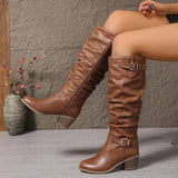 Bottes hautes en cuir femme talon bloc double boucle - Marron