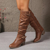 Bottes hautes en cuir femme talon bloc double boucle