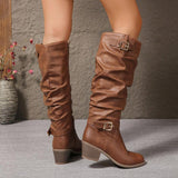 Bottes hautes en cuir femme talon bloc double boucle