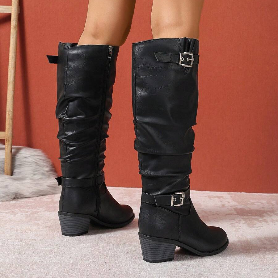 Bottes hautes en cuir femme talon bloc double boucle
