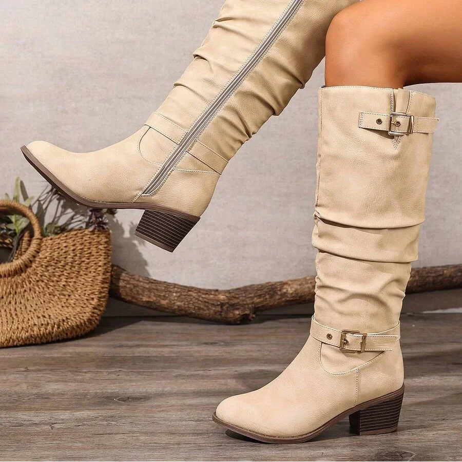 Bottes hautes en cuir femme talon bloc double boucle - Beige